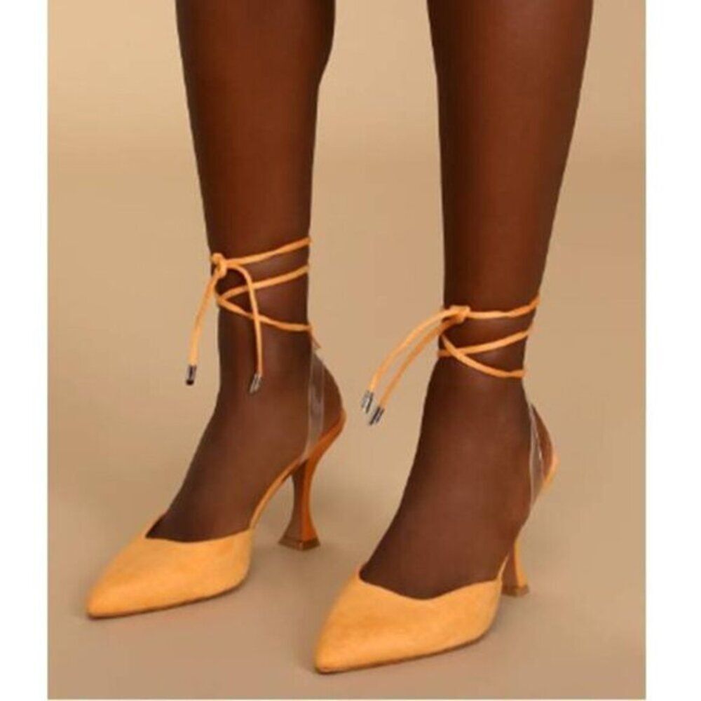 Lulus Suede Lace-Up Slingback Pyramid Heeled Pumps Size 6.5 Marigold